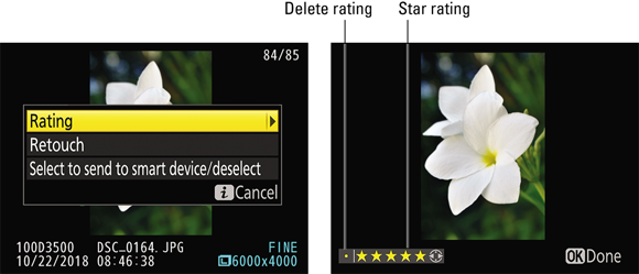 Illustration indicating to press the i button, select Rating, and then press the Multi Selector right or left to set the star rating, during playback.