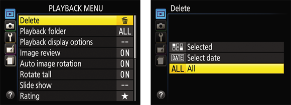 Illustration of the Delete option in the Playback Menu setting to delete all files except those protected.