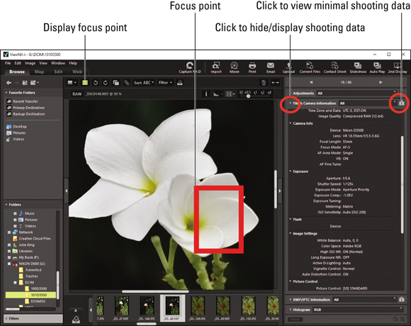 Screenshot of a View window displaying the selected focus point and other camera settings when you view photos in Nikon ViewNX-i.