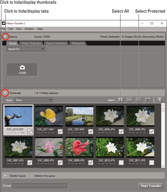 Screenshot of the Nikon Transfer 2 window to select the check boxes of the thumbnail images that need to be downloaded.