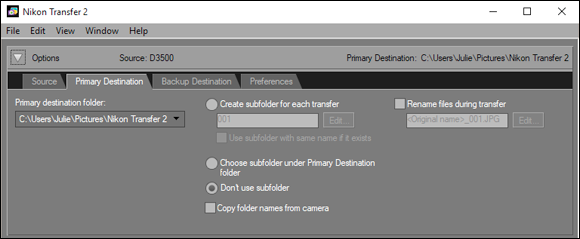 Screenshot of the Nikon Transfer 2 window to specify the folder where you want to put the downloaded images.
