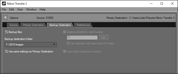 Screenshot of the Nikon Transfer 2 window to automatically send duplicates of pictures to a backup drive at the same time they are being sent to the main storage drive using the options on this tab.