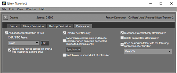 Screenshot of the Nikon Transfer 2 window to turn off the Delete Original Files after transfer option.