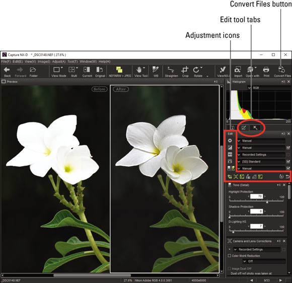 Screenshot of the Capture NX-D window that offers a large assortment of tools for finalizing the look of Raw images, such as adjustment icons, edit tool tabs, and convert files button.