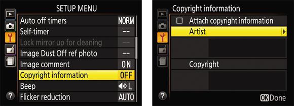 Illustration of the Copyright information option in the Setup Menu setting  to tag files with copyright information.