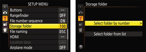 Illustration of the Storage folder option in the Setup Menu setting to create custom-numbered folders and specify the folder to be used to hold the next shots that are taken. 