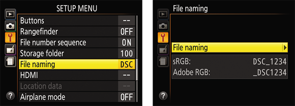 Illustration of the File Naming option in the Setup Menu setting  to select the listed options to customize the first three characters of filenames.