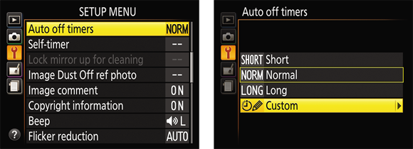 Illustration of the Auto off timers option in the Setup Menu setting to customize auto shutdown timing here.
