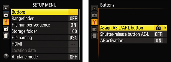Illustration of the Buttons option in the Setup Menu setting enabling to choose the listed options to change the function of the AE-L/AF-L button.