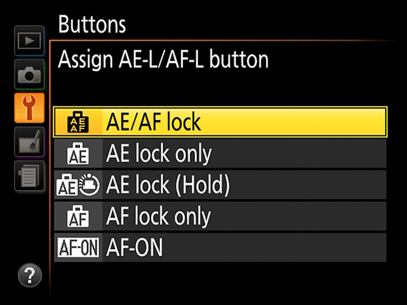 Illustration of the Buttons screen enabling to set the button to perform any of the five functions with the AE/AF lock option highlighted.