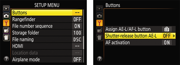 Illustration of the Buttons option in the Setup Menu setting, where final two settings on the Buttons option list affect the shutter button’s role in setting focus and exposure.