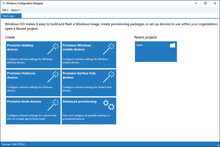 This screenshot shows the Windows Configuration Designer. The Start page tab is visible with Create on the left and Recent Projects on the right.