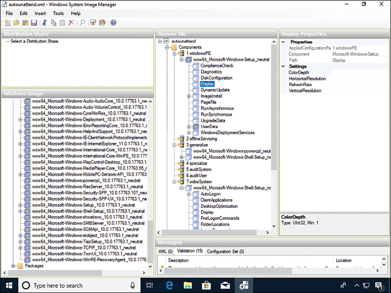 This screenshot shows the Windows System Image Manager. The file named autounattend.xml is open. The screen is split into five parts, with the Distribution Share on the top left, the Windows Image in the lower-left side, the Answer File in the center, the Display Properties on the right side, and the Messages section displayed in the bottom. Within the Answer File section, the Display item is highlighted.