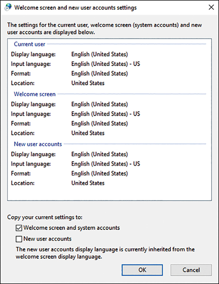This screenshot shows the Welcome Screen And New User Accounts Settings dialog box. The top part of the screen includes settings for Current User, Welcome Screen, and New User Accounts. The bottom part of the screen has two check boxes for copying the current settings to the Welcome Screen And System Accounts (checked) and New User Accounts (unchecked).