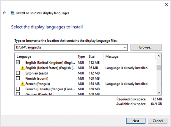 This screenshot shows the Install Or Uninstall Display Languages dialog box. Below the Select The Display Languages To Install heading is a Browse box with a drop-down menu option. Clicking the arrow shows a list of languages. In this figure, the English (United Kingdom) language is selected.