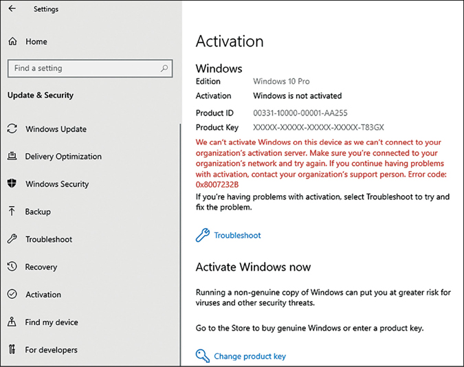 This screenshot shows the Activation screen of the Settings App. The available settings are displayed on the left side, with the Activation tab contents displayed on the right side. The activation status of the Windows device is displayed. In the center of the screen is red text, which states that Windows cannot be activated and displays an error code. Below this red text is a link to Troubleshoot and another link to Change Product Key.