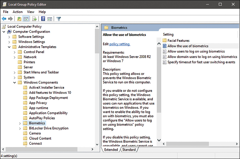 This screenshot shows the local group policy editor. On the left side, the Biometrics node is selected. On the right side, the list of settings is displayed and the Allow The Use Of Biometrics setting highlighted. In the center of the screen is the requirements and description of the selected group policy setting.