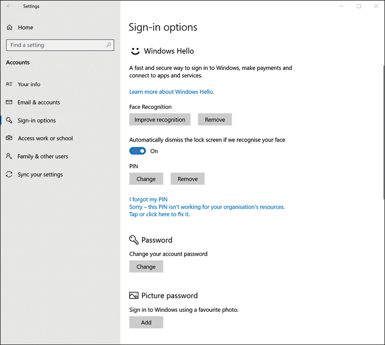This screenshot shows the Setting App with the Sign-In Options tab displayed, which includes several sections: Windows Hello, Password, and Picture Password. The sub section PIN is displayed within the Windows Hello section with buttons to Change or Remove.