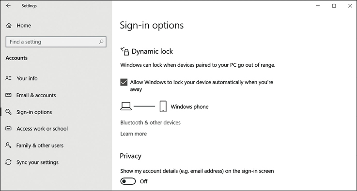 This screenshot shows the Settings App with the Sign-In Options page displayed. The Sign-In Options page has the Dynamic Lock and Privacy subsections. Below the Dynamic Lock, there is a check box for Allow Windows To Lock Your Device Automatically When You're Away, which is checked.
