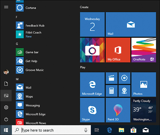 This screenshot shows the Windows Start screen, which occupies the left two thirds of the screen.