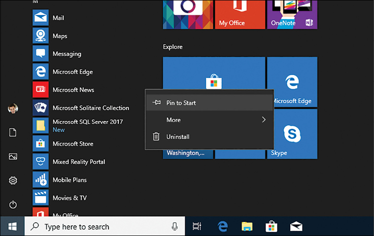This screenshot shows the Windows Start screen with a Tile context menu showing three options; Pin To Start (highlighted), More, and Uninstall.