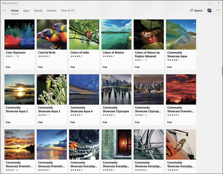A screenshot shows the Microsoft Store app displaying a variety of colorful theme images.