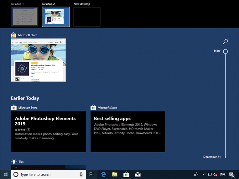 A screenshot shows the virtual desktop screen with Desktop 1, Desktop 2 and New Desktop titles at the top of the screen. In the center of the screen are three small images; all display the Microsoft Store, and the lower two are titled Earlier Today. On the right side, a vertical slider shows Now at the top and December 21 at the bottom.