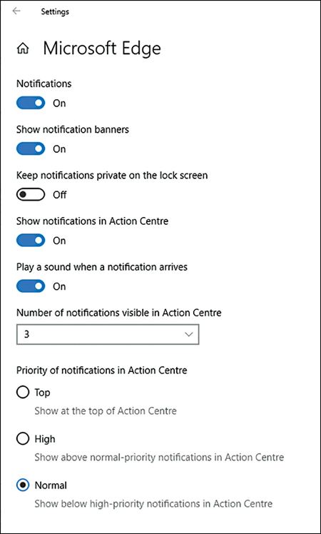 A screenshot shows the Microsoft Edge app within the Settings app. A list of configurable sliders is shown for Notifications (On), Show Notification Banners (On), Keep Notifications Private On The Lock Screen (Off), Show Notification In Action Center (On), and Play A Sounds When A Notification Arrives. The Priority Of Notifications In Action Center shows three radio button options: Top, High, and Normal. Normal is selected.