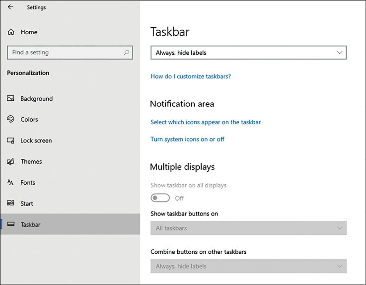 A screenshot shows the Taskbar options within the Personalization section of the Settings app. Under the Taskbar title is a drop-down menu with Always, Hide Labels configured. Below, the Notification Area includes links for Select Which Icons Appear On The Taskbar and Turn System Icons On Or Off. At the bottom, the Multiple Displays section includes options for Show Taskbar On All Displays; the other options are unavailable.
