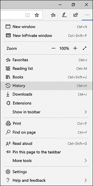 A screenshot shows the Microsoft Edge browser settings menu with a list of options including New Window, New InPrivate Window, Zoom, Favorites, Reading List, Books and History, Downloads, Extensions, Show In Toolbar, and more.