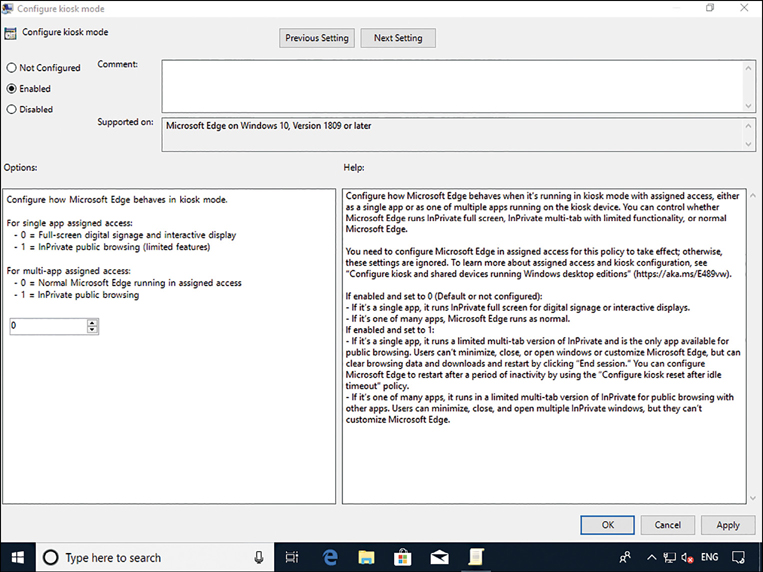 A screenshot shows the Configure Kiosk Mode group policy settings page. On the left, the radio button Enabled is selected. On lower left, options for Configure How Microsoft Edge Behaves In Kiosk Mode are shown. A window at the right shows detailed Help information.