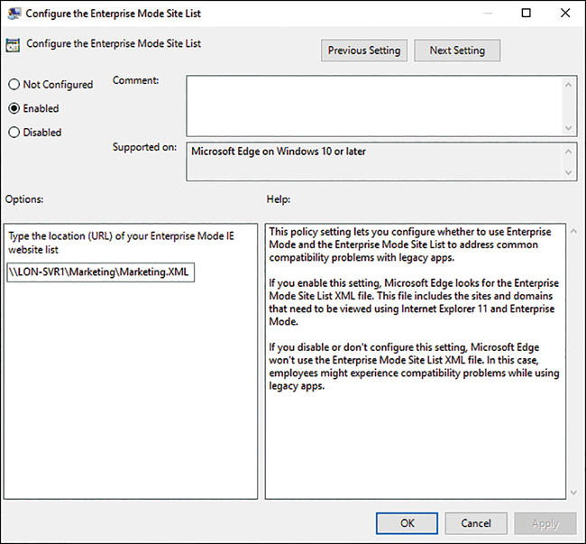 A screenshot shows the Configure The Enterprise Mode Site List group policy settings page. On the upper-left, the radio button is set to Enabled; at the lower-left, options for providing the location (URL) of the enterprise mode IE website list are shown. A window at the right shows the detailed Help for the GPO.