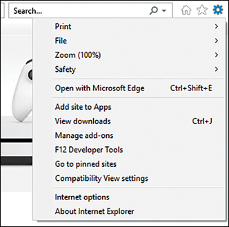 A screenshot shows the menu options for Internet Explorer. In the top-right corner, the settings cog is selected, which has opened a menu of items including Print, File, Zoom (100%), Safety, Open With Microsoft Edge, and more.