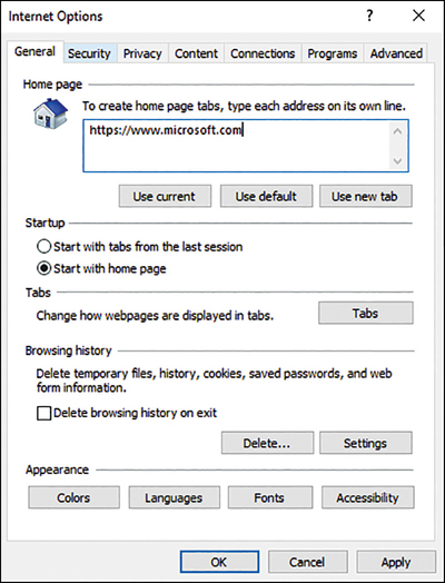 A screenshot shows the Internet Explorer settings dialog box with seven tabs: General (open), Security, Privacy, Content, Connections, Programs, and Advanced. The page is split into five sections: Home Page, Startup, Tabs, Browsing History, and Appearance.