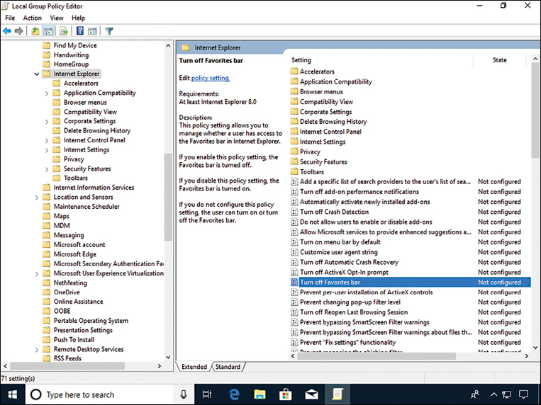 A screenshot shows the Local Group Policy Editor app. The screen is split vertically into two halves. On the left side is a folder list with the Internet Explorer node highlighted. On the right side, there is a list of folders and settings. The Turn Off Favorites Bar setting is selected.