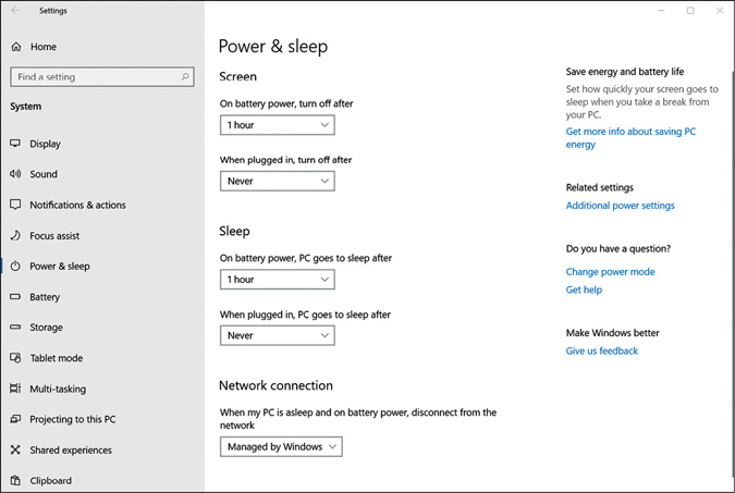 A screenshot shows the Power And Sleep page of the Settings app. On the left side of the screen are menu items for the System category, with the Power And Sleep section selected. On the right are settings for Power & Sleep. These settings allow you to adjust if and when the screen is turned off, both when plugged in or on battery power. Sleep settings are also managed here, and you can set individual settings for when running on battery power or when your laptop is plugged in. At the bottom, a single option for the Network Connection includes a drop-down menu with Managed By Windows selected.