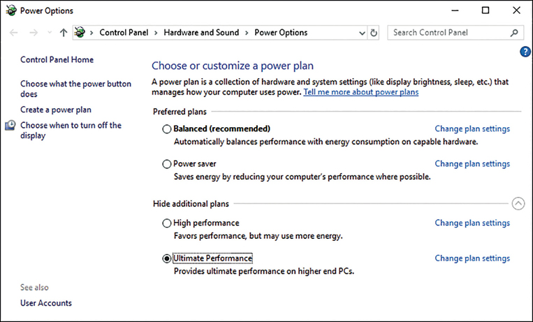 A screenshot shows the Control Panel Power Options item. On the left side are links to Control Panel Home, Choose What The Power Button Does, Create A Power Plan, and Choose When To Turn Off The Display. On the right side are configuration options to Choose Or Customize A Power Plan. There are four plans listed: Balanced, Power Saver, High Performance, and Ultimate Performance (selected).