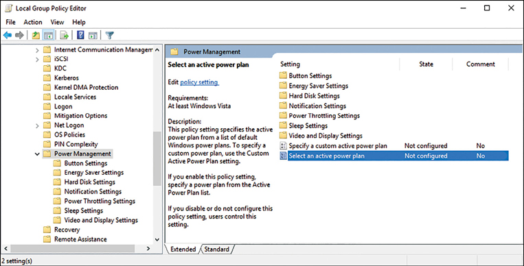 A screenshot shows the Local Group Policy Editor app. On the left is a list of folders with Power Management selected. On the right is a list of folders and settings, with the Select An Active Power Plan selected.