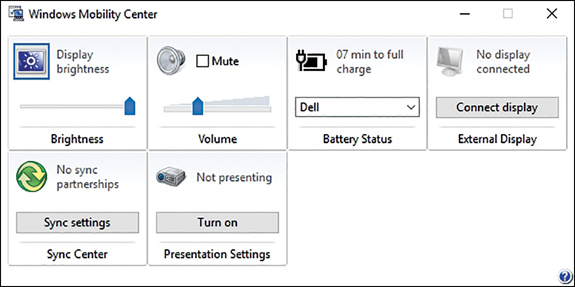 A screenshot shows the Windows Mobility Center, which displays seven items in a grid. These items are Brightness, Volume, Battery Status, Screen Orientation, External Display, Sync Center, and Presentation Settings.The Presentation Settings utility, as shown in Figure 1-43, can be used in association with the Windows Mobility Center to configure turning off the screen saver, controlling the volume, and selecting a background image to be displayed when you give a presentation.