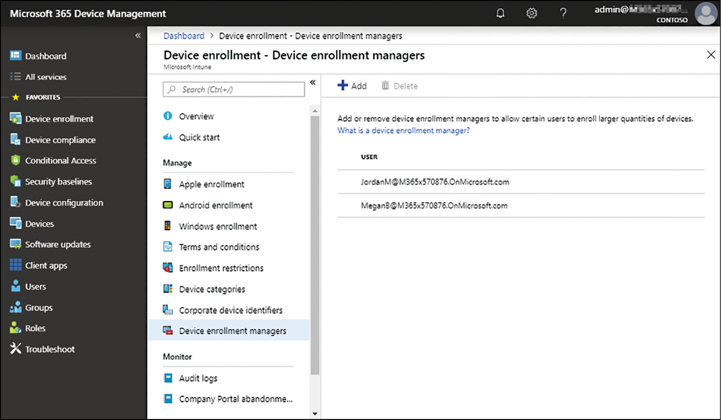 A screenshot shows the Microsoft 365 device management page, which includes three sections. On the leftmost pane is a list of items, including Dashboard, All Services, Device Enrollment, and Device Compliance. The center pane is titled Device Enrollment[md]Device Enrollment Managers, and a list of options is shown under the Manage heading. (Device Enrollment Managers is selected.) In the right pane, two users and their respective email addresses are shown.