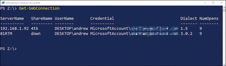 A screenshot shows an Administrative PowerShell window with the cmdlet get-smbconnection executed. The result is a table with ServerName, ShareName, UserName, Credential, Dialect, and NumOpens columns. In the table are two entries.