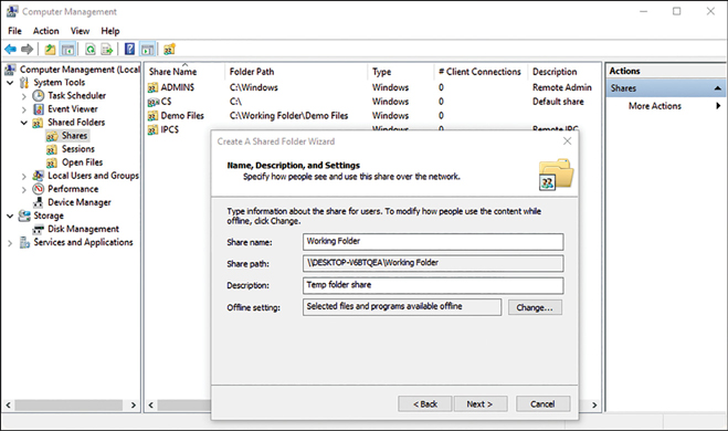 A screenshot shows the computer management MMC console with the Create A Shared Folder Wizard open. From this dialog box, you can set the Share Name, Share Path, Description, and Offline Setting.