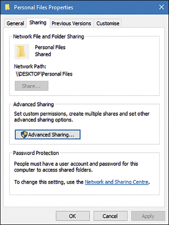A screenshot shows the Personal Files Properties screen with four tabs: General, Sharing (selected), Previous Versions, and Customize. The Sharing tab's details show three sections: Network File And Folder Sharing, Advanced Sharing, and Password Protection options.