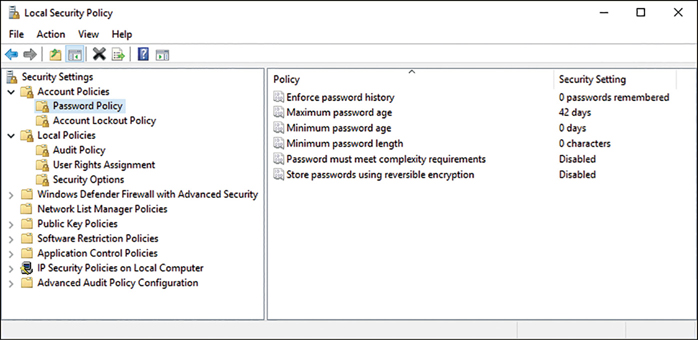 A screenshot shows the local security policy screen with two panes. On the left side are Security Settings and nodes for account policies with the Password Policy subfolder highlighted. On the right pane are Policy and Security Setting columns.