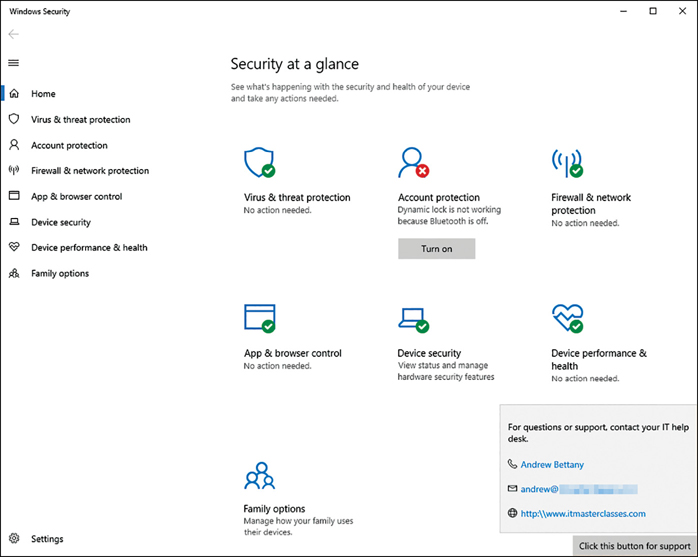 This is a screenshot that shows the Windows Security window. The Security At A Glance pane shows icons for Virus & Threat Protection, Account Protection, Firewall & Network Protection, App & Browser Control, Device Security, Device Performance & Health, and Family Options. Account Protection is marked with an X icon and a message reading, “Dynamic lock is not working because Bluetooth is off.” A Turn On button allows you to enable Bluetooth from this screen. At the bottom-right, the Click This Button for Support button has been clicked, and a window appears showing phone and email contact information and a URL option for obtaining support.