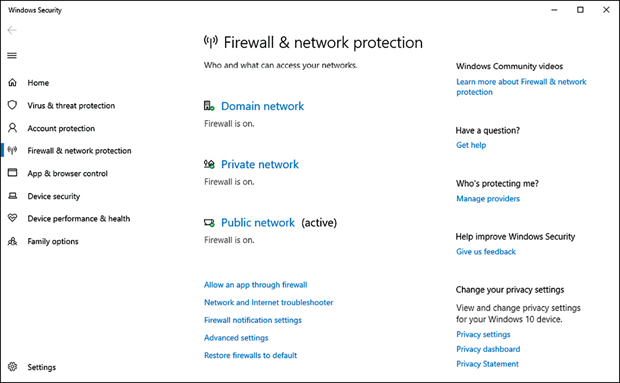 A screenshot shows the Windows Security page as a standalone app. On the left are links to Home, Virus & Threat Protection, Account Protection, Firewall & Network Protection (selected), App & Browser Control, Device Security, Device Performance & Health, and Family Options. In the center pane are three sections for Domain Network, Private Network, and Public Network (Active). Links at the bottom allow you to perform tasks, such as Allow An App Through Firewall.