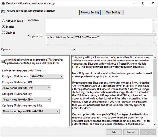 A screenshot shows the Require Additional Authentication At Startup GPO page with the Enabled radio button selected. In the Options pane, Allow BitLocker Without A Compatible TPM (Requires A Password Or Startup Key On A USB Flash Drive) is selected. At the right, a Help pane explains the settings.
