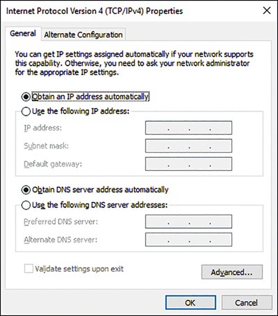 A screenshot shows the Internet Protocol Version 4 (TCP/IPv4) Properties dialog box displaying the following configuration options: Obtain An IP Address Automatically and Obtain DNS Server Address Automatically.
