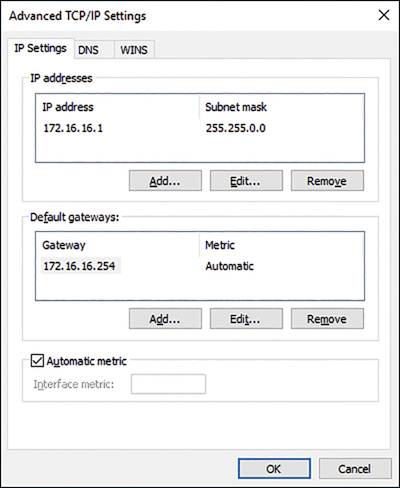 A screenshot shows the IP Settings tab of the Advanced TCP/IP Settings dialog box. Configurable options are IP addresses (172.16.16.1/255.255.0.0 is shown) and Default Gateways (172.16.16.254/Automatic is shown).