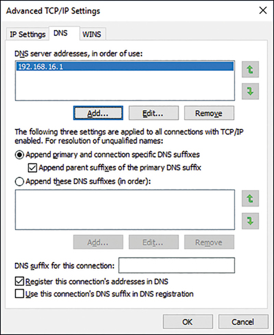A screenshot shows the DNS tab of the Advanced TCP/IP Settings dialog box. Configurable options are: Append Primary And Connection Specific DNS Suffixes (selected), Append Parent Suffixes Of The Primary DNS Suffix (selected), Append These DNS Suffixes (In Order), DNS Suffix For This Connection, Register This Connection's Address In DNS (selected), Use This Connection's DNS Suffix In DNS Registration.